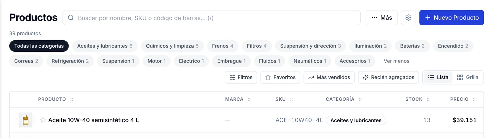 Fila de categorías desplegada sobre la lista de productos, con la cantidad de cada una