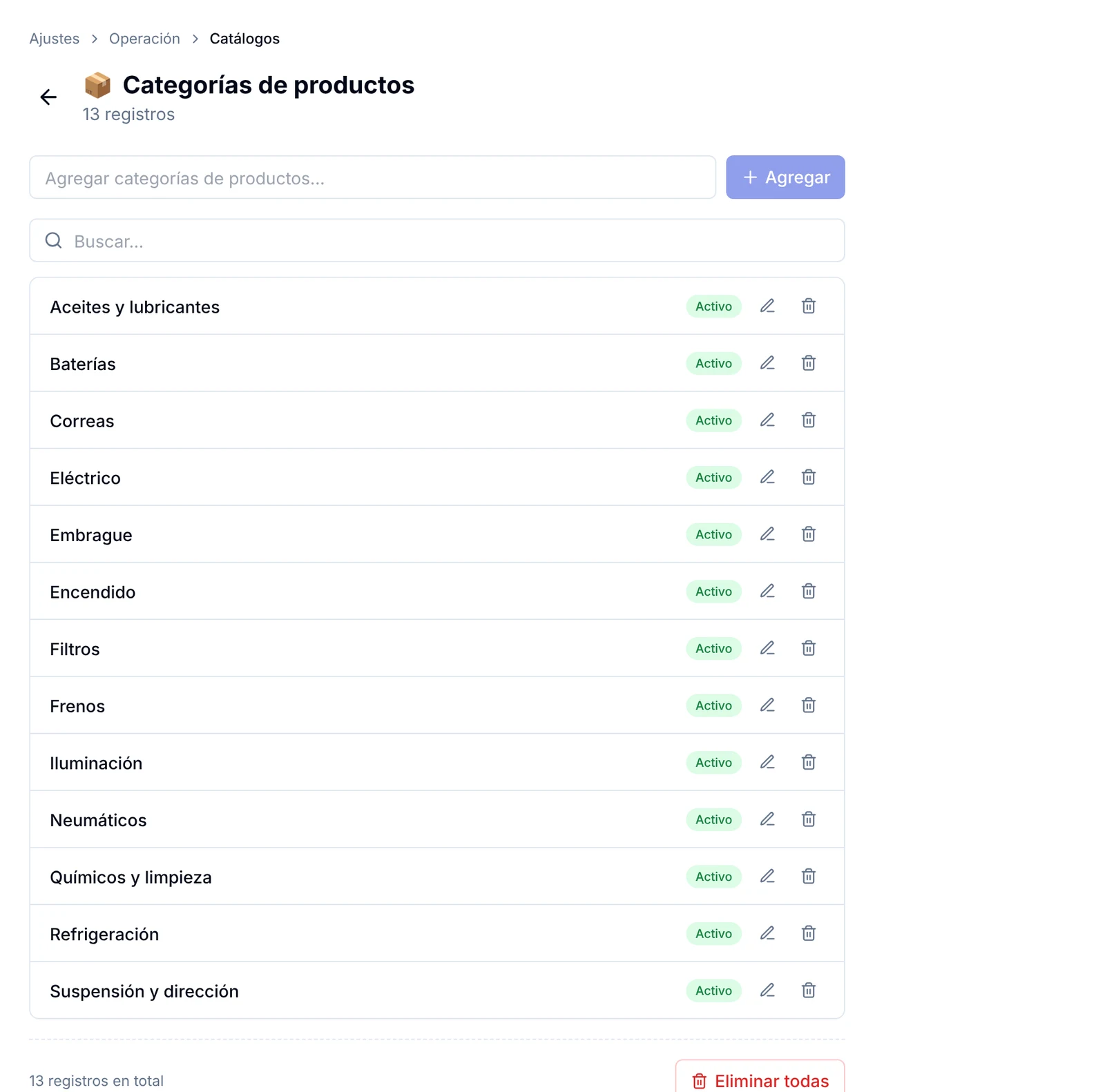 Lista Categorías de productos en Ajustes con el campo Agregar y los íconos de cada fila