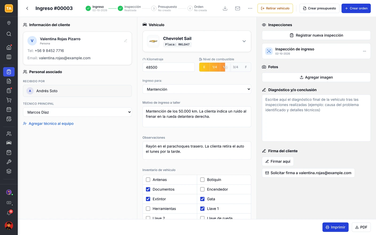 Detalle del ingreso con los datos del cliente, el vehículo, el inventario y las inspecciones