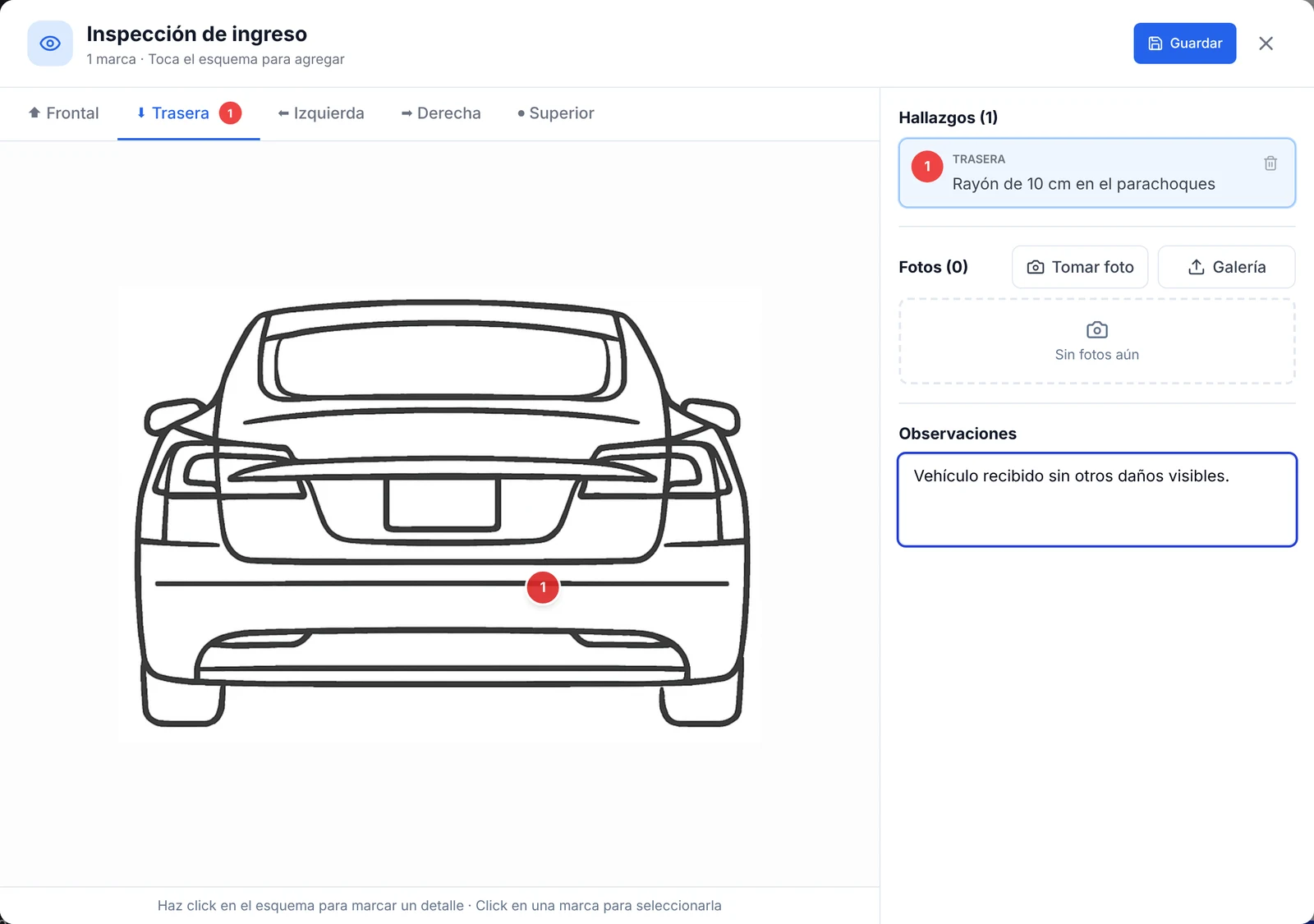 Inspección de ingreso con una marca en la vista trasera del vehículo y su descripción