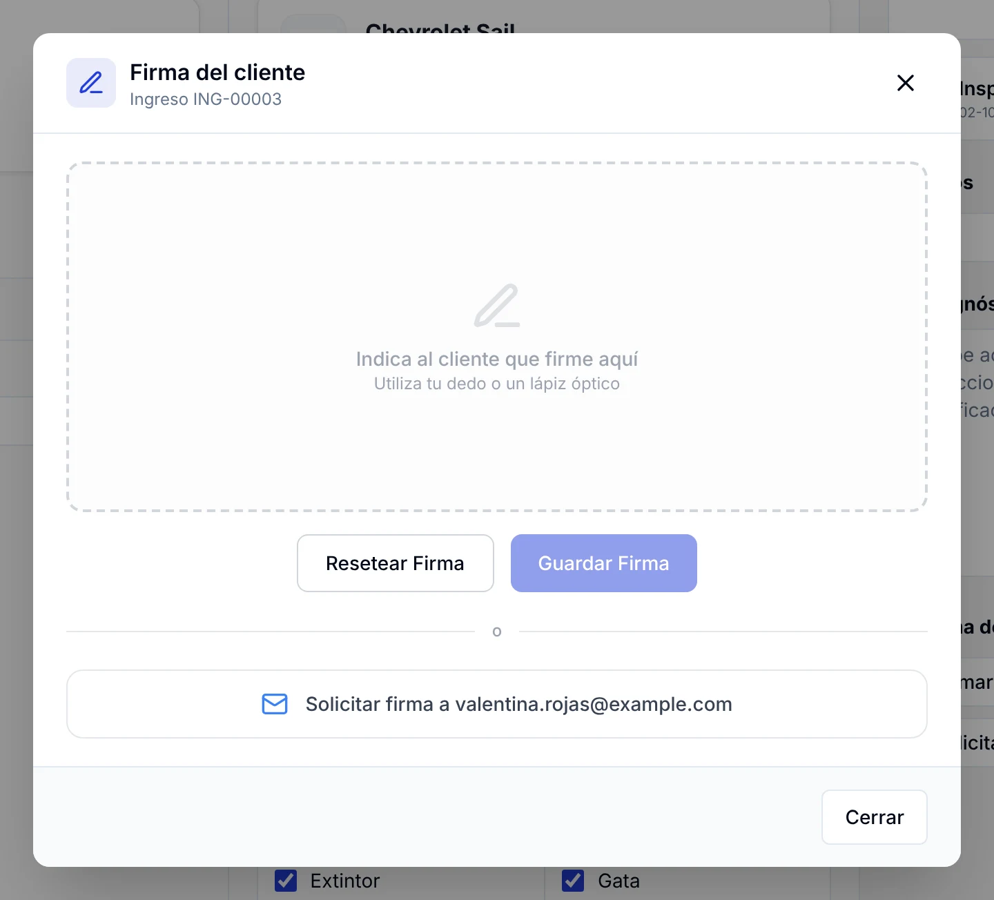 Ventana Firma del cliente con el recuadro para firmar y los botones Resetear Firma y Guardar Firma