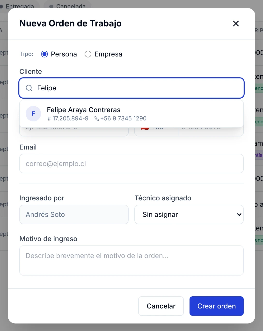 Buscador de cliente mostrando una coincidencia con nombre, RUT y teléfono