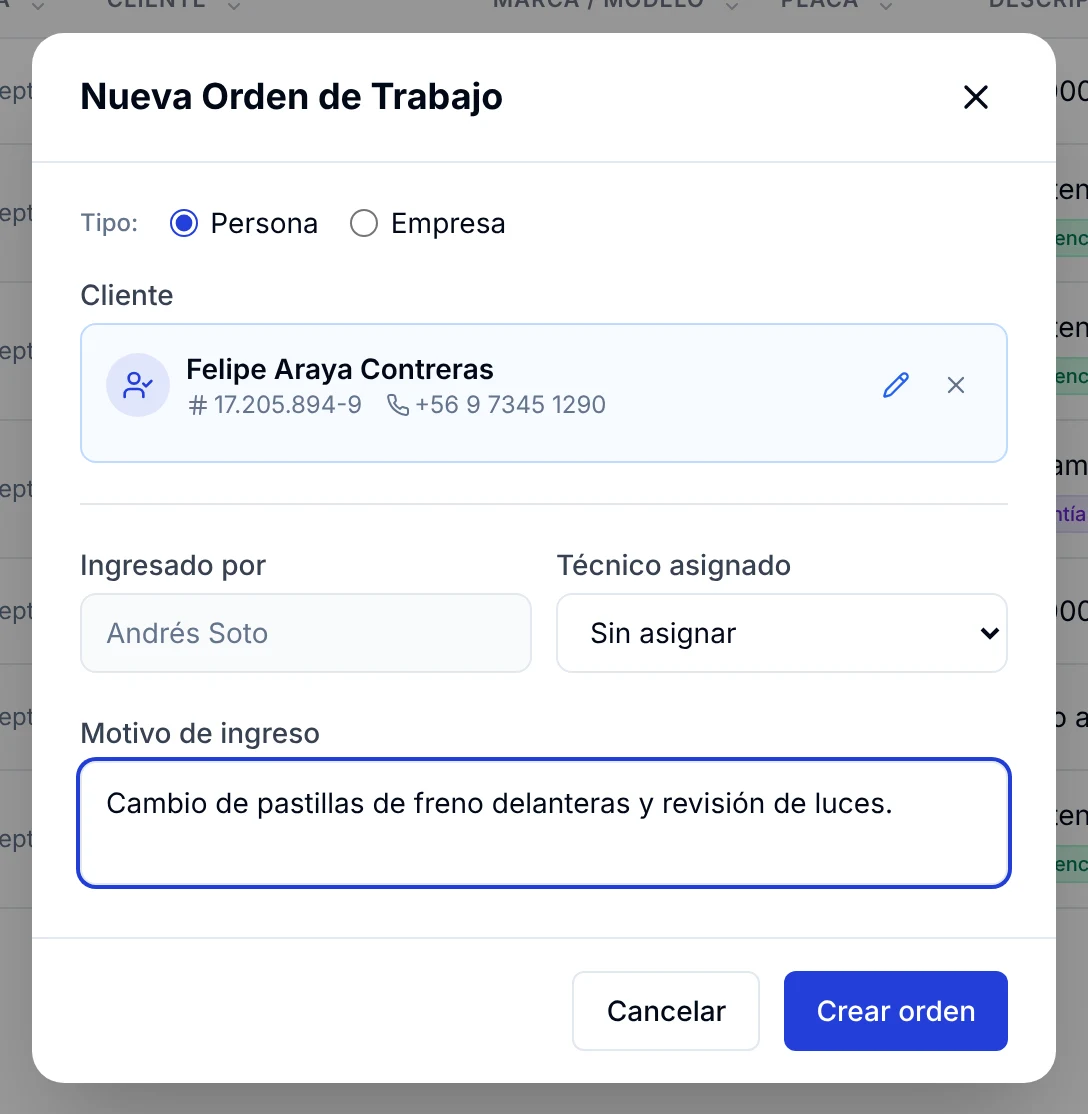 Ventana de nueva orden con el cliente seleccionado y el motivo de ingreso escrito