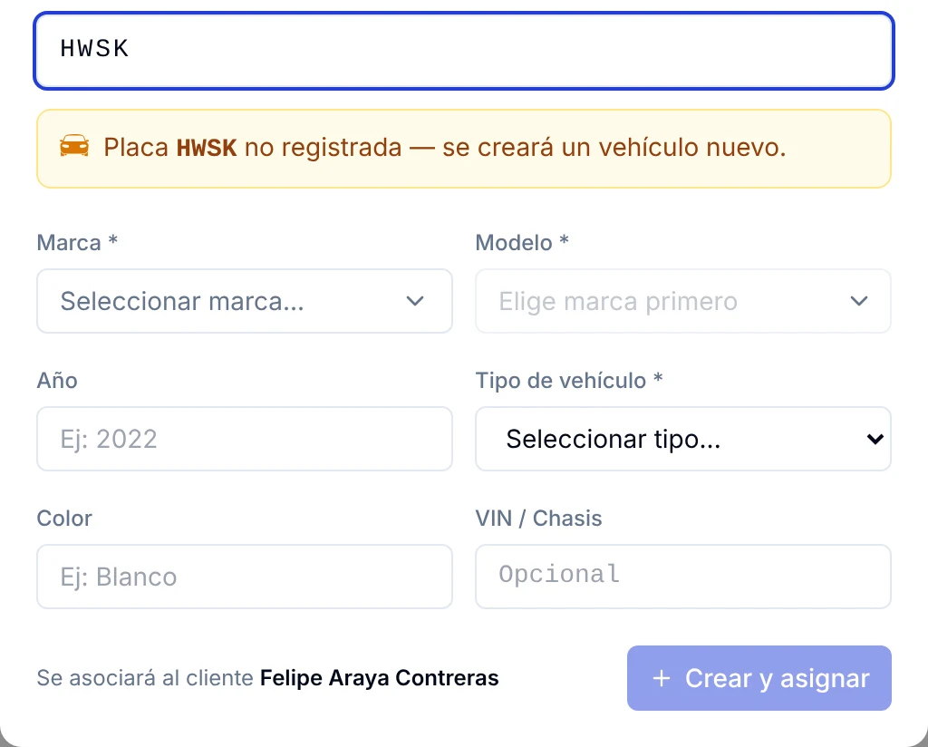 Formulario para registrar un vehículo nuevo al escribir una placa que no existe