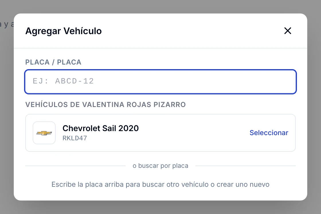 Ventana Agregar Vehículo con el vehículo del cliente y el enlace Seleccionar