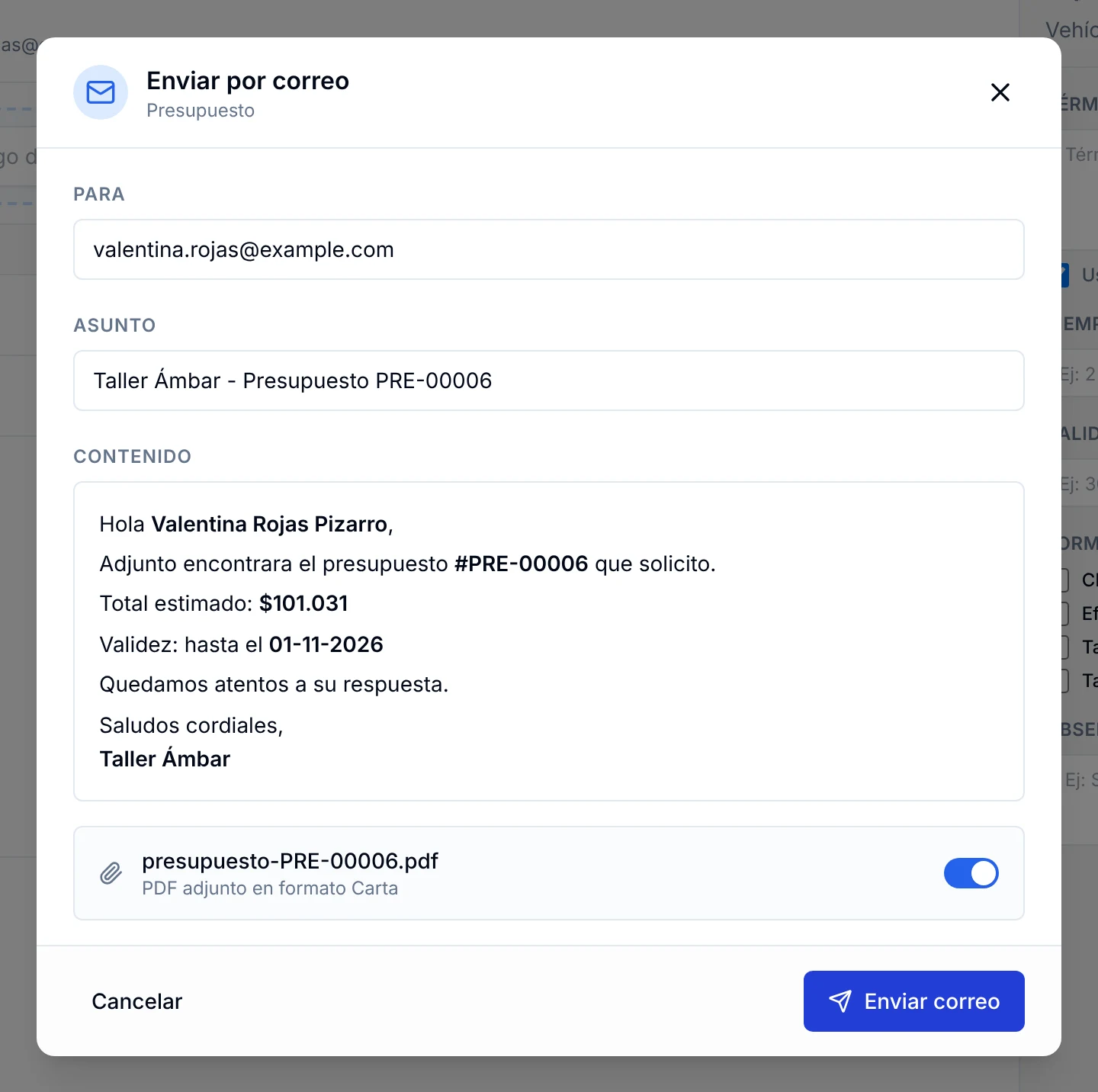 Ventana Enviar por correo con destinatario, asunto, contenido y el PDF del presupuesto adjunto
