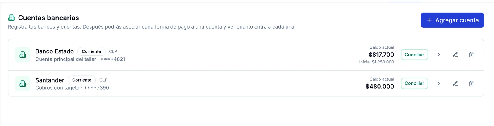 Lista de cuentas bancarias con Banco Estado y Santander, su saldo actual y los botones Conciliar, ver movimientos, editar y desactivar