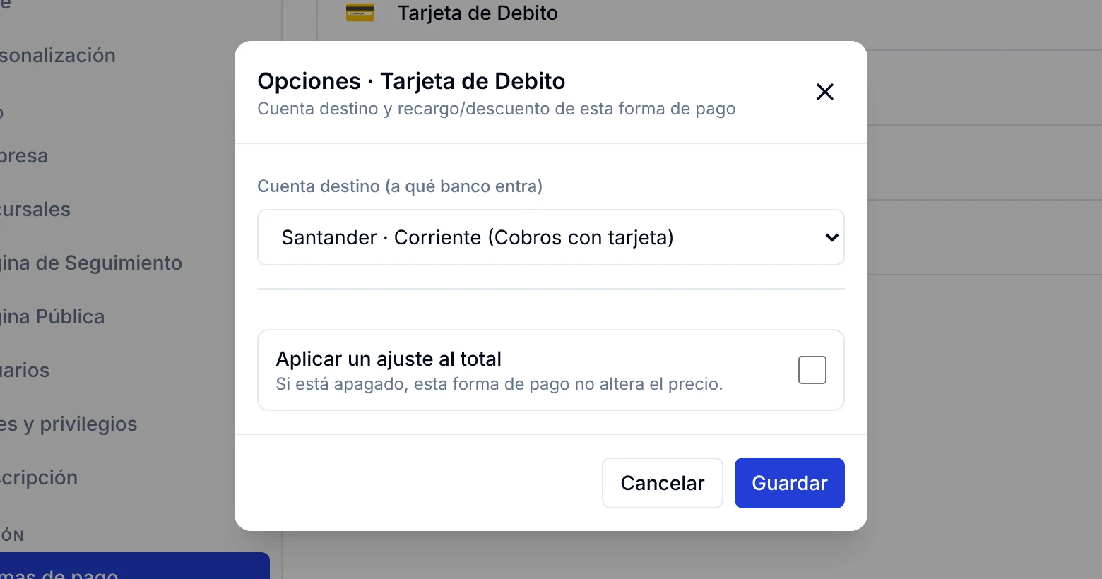 Ventana Opciones de Tarjeta de Debito con la cuenta destino Santander Cobros con tarjeta elegida
