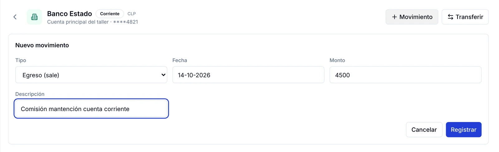 Formulario Nuevo movimiento con tipo Egreso, fecha 14-10-2026, monto 4500 y la descripción Comisión mantención cuenta corriente