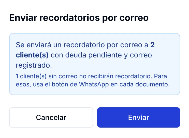 Ventana Enviar recordatorios por correo: indica a cuántos clientes con deuda se les enviará el aviso