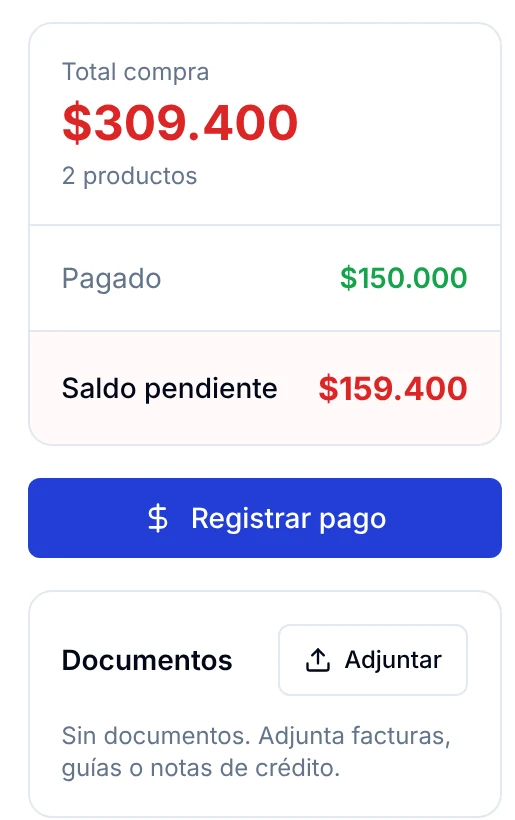 Ficha de la compra con total, monto pagado, saldo pendiente y el botón Registrar pago