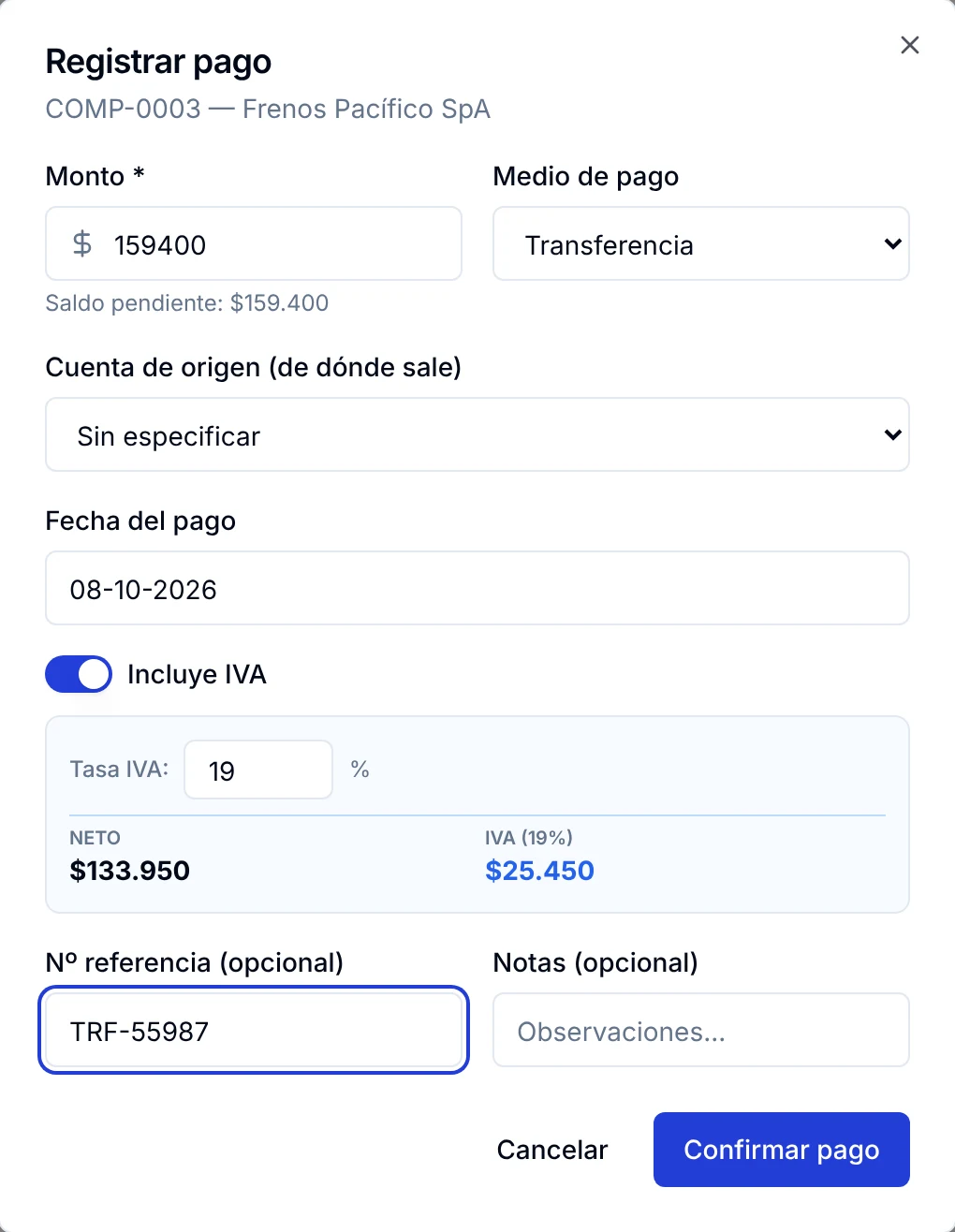 Ventana Registrar pago a proveedor con monto, medio de pago, cuenta de origen, fecha y número de referencia