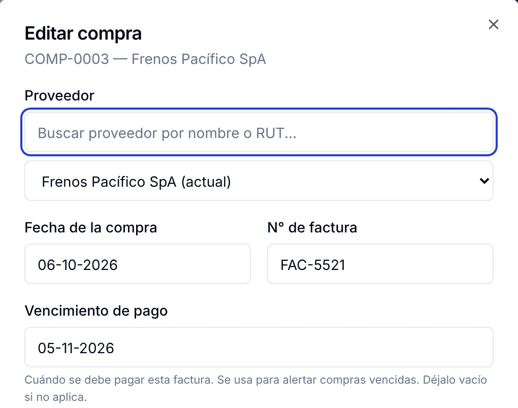 Ventana Editar compra con el campo Vencimiento de pago de la factura del proveedor