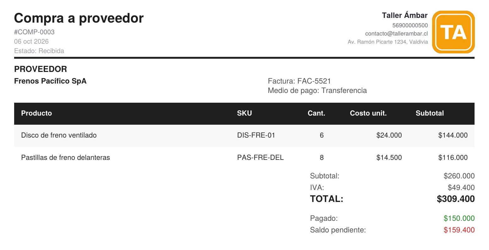 PDF de la compra a proveedor con productos, total, monto pagado y saldo pendiente