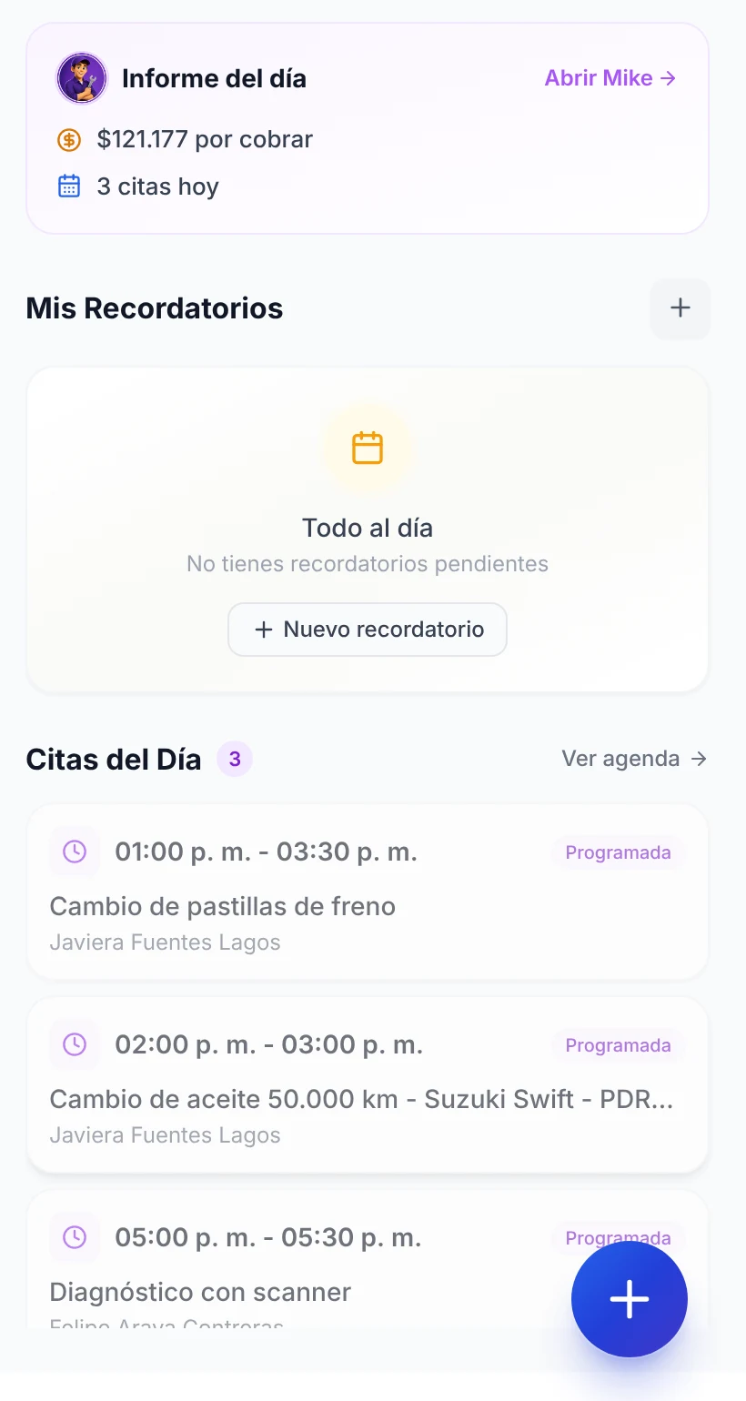 Columna derecha de Inicio con Informe del día, Mis Recordatorios y Citas del Día