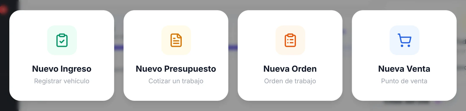 Accesos rápidos Nuevo Ingreso, Nuevo Presupuesto, Nueva Orden y Nueva Venta