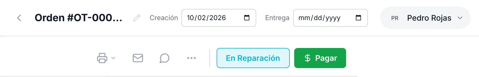 Barra superior de la orden con número, fechas, técnico, estado y botón Pagar