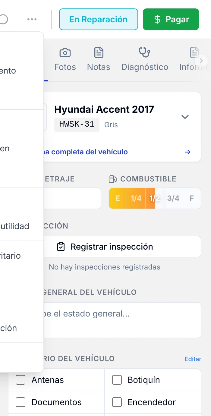 Menú Más opciones de la orden con todas sus acciones