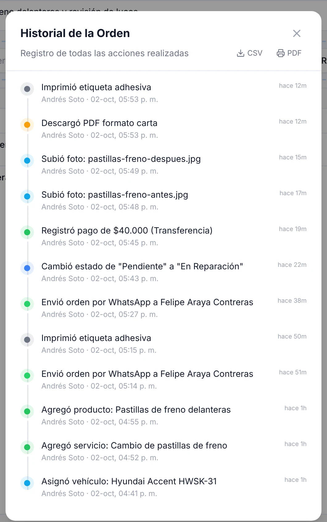 Historial de la orden con el registro de cada acción, usuario y hora