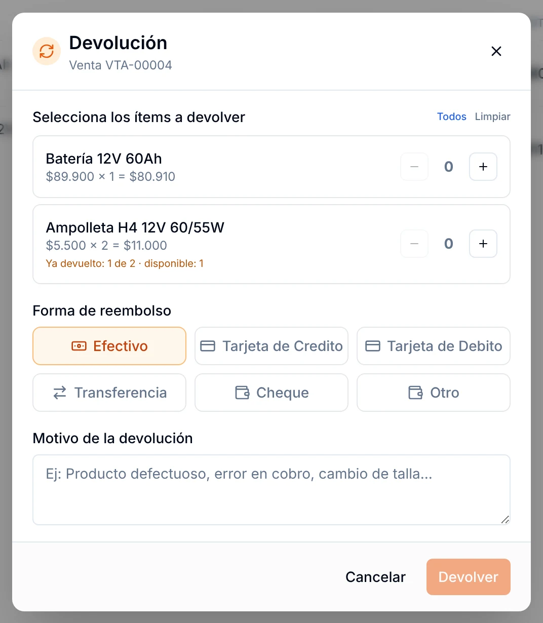 Ventana Devolución de una venta con dos productos, donde una ampolleta indica ya devuelto 1 de 2 y disponible 1