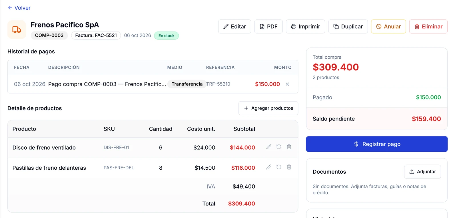 Ficha de la compra COMP-0003 con historial de pagos, detalle de productos y el saldo pendiente a la derecha