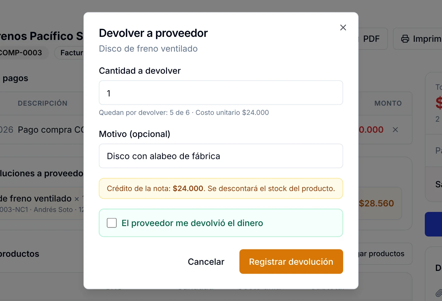 Ventana Devolver a proveedor con la cantidad a devolver, el motivo y el aviso del crédito de la nota