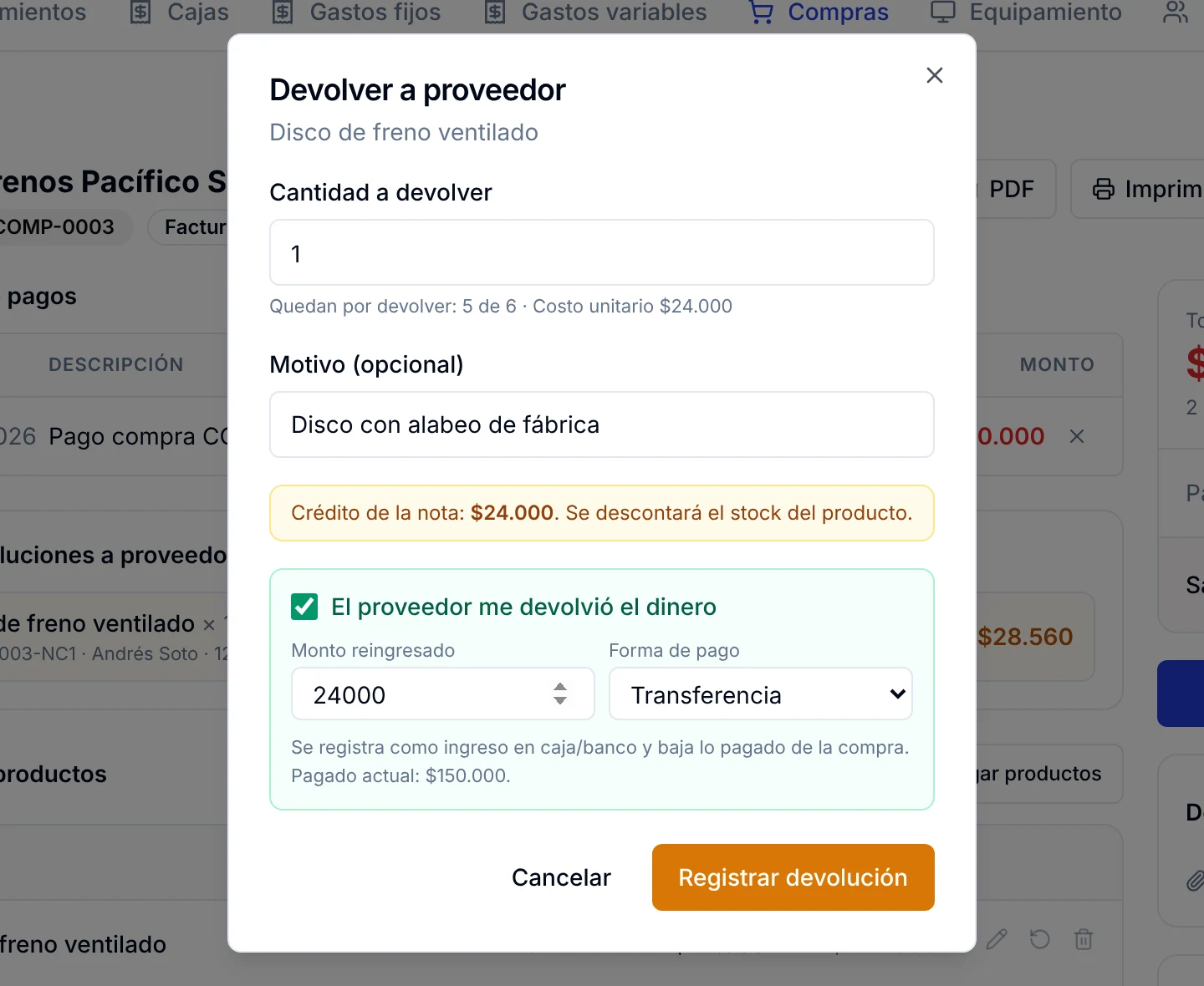 Casilla El proveedor me devolvió el dinero marcada, con los campos Monto reingresado y Forma de pago