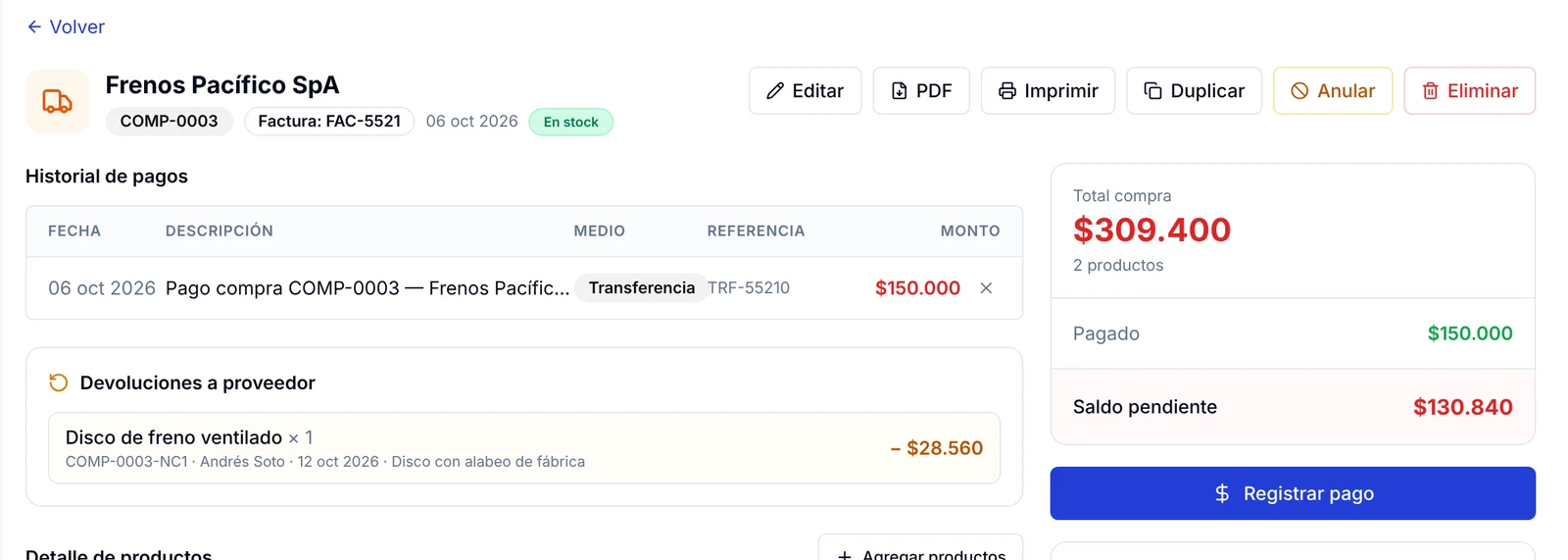 Sección Devoluciones a proveedor con la nota COMP-0003-NC1 y el saldo pendiente actualizado