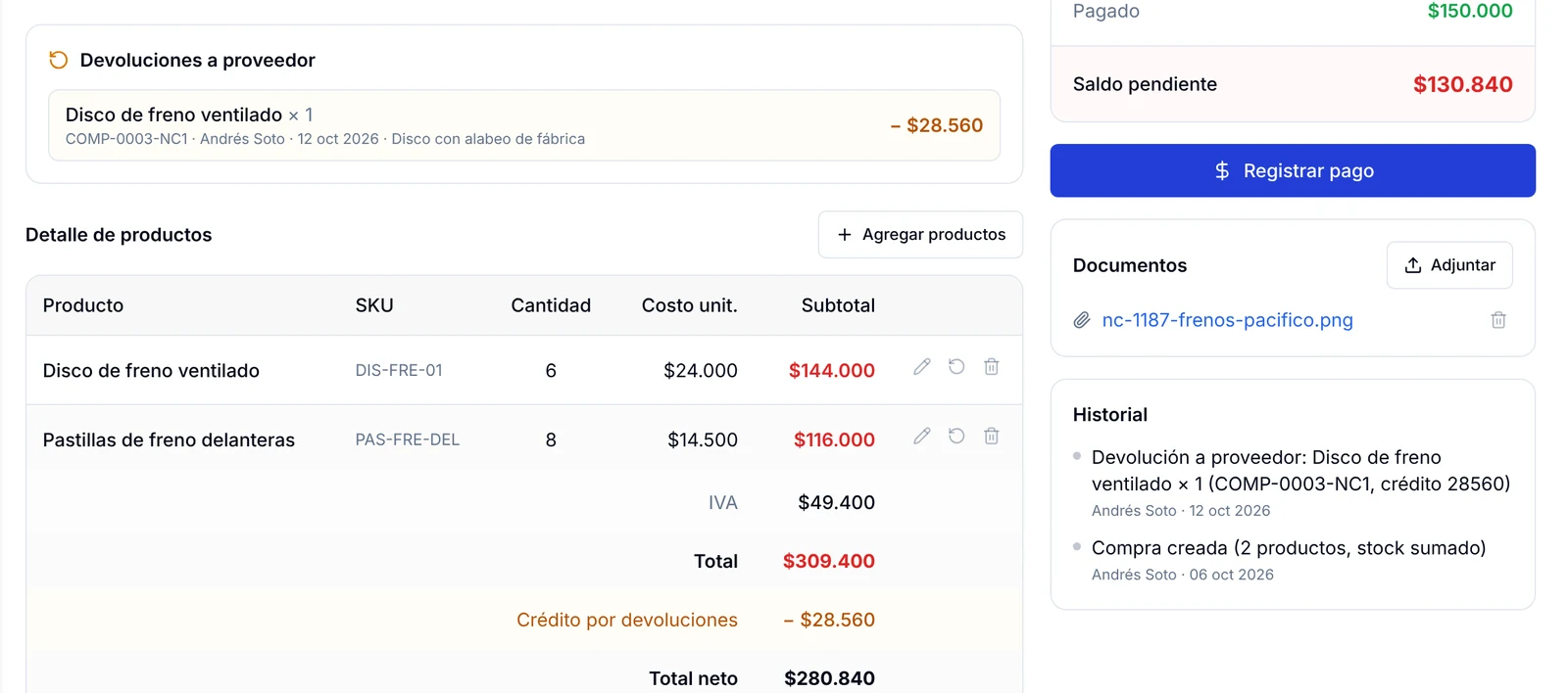 Totales de la compra con crédito por devoluciones, total neto y saldo pendiente, más el historial con la devolución