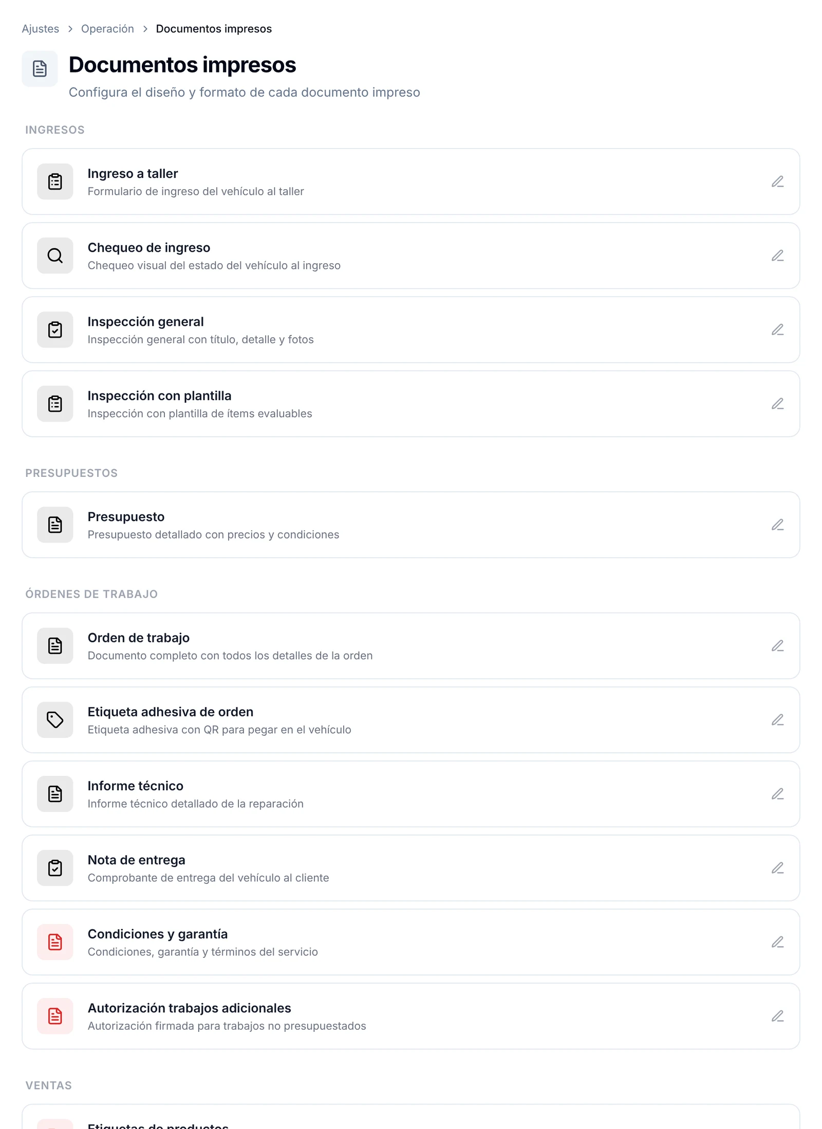 Pantalla Documentos impresos con la lista de documentos agrupados por módulo: ingresos, presupuestos y órdenes de trabajo