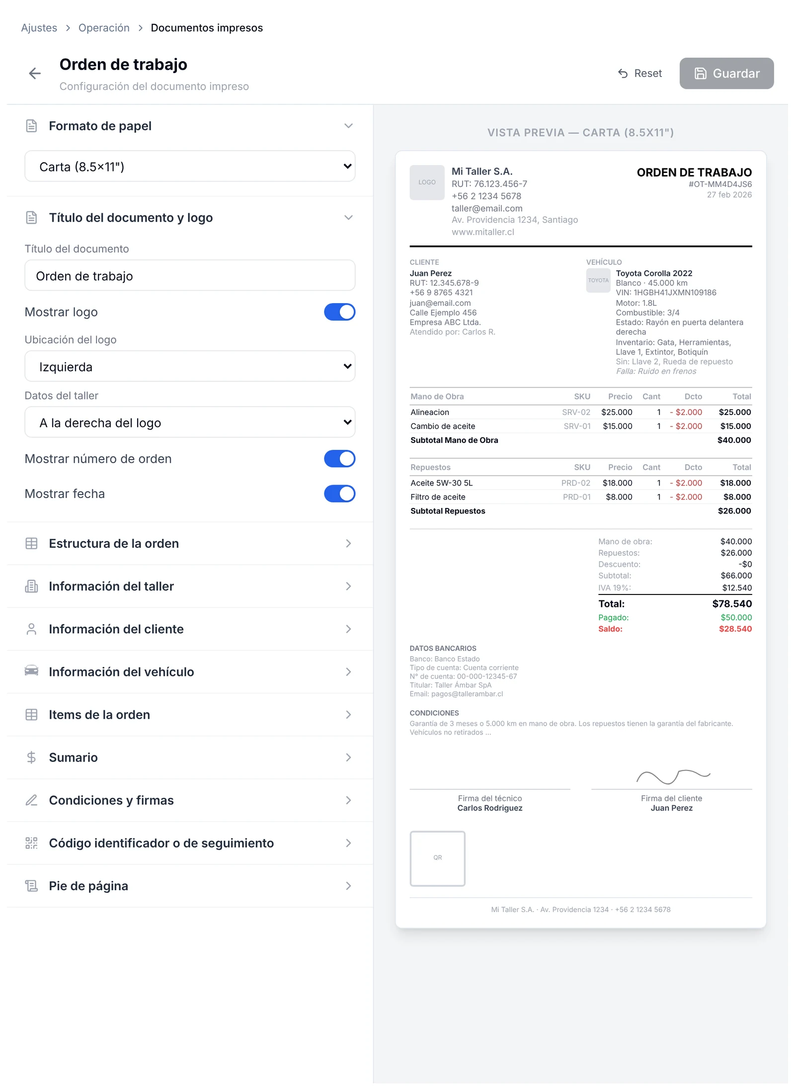 Editor del documento Orden de trabajo con las secciones Formato de papel y Título del documento y logo abiertas, y la vista previa en tamaño carta