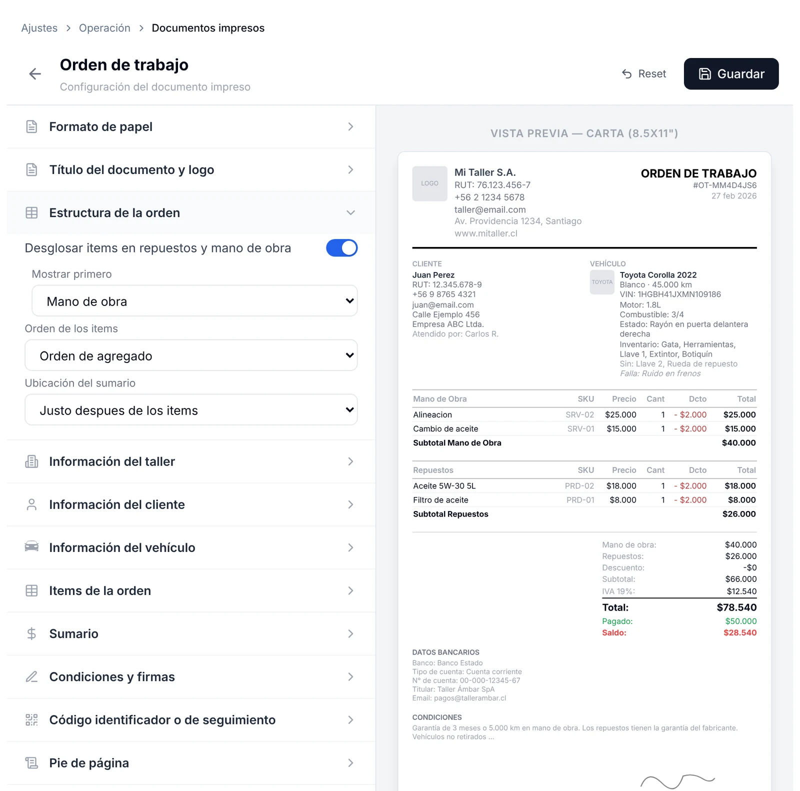 Sección Estructura de la orden con el interruptor de desglose y las listas Mostrar primero, Orden de los items y Ubicación del sumario