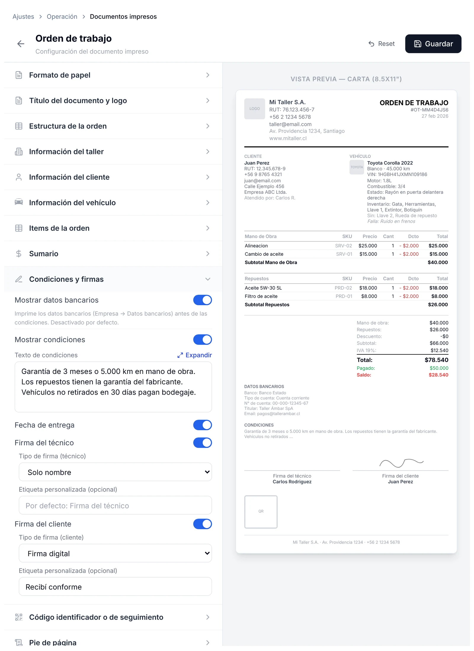 Sección Condiciones y firmas con datos bancarios, texto de condiciones, fecha de entrega y el tipo de firma del técnico y del cliente
