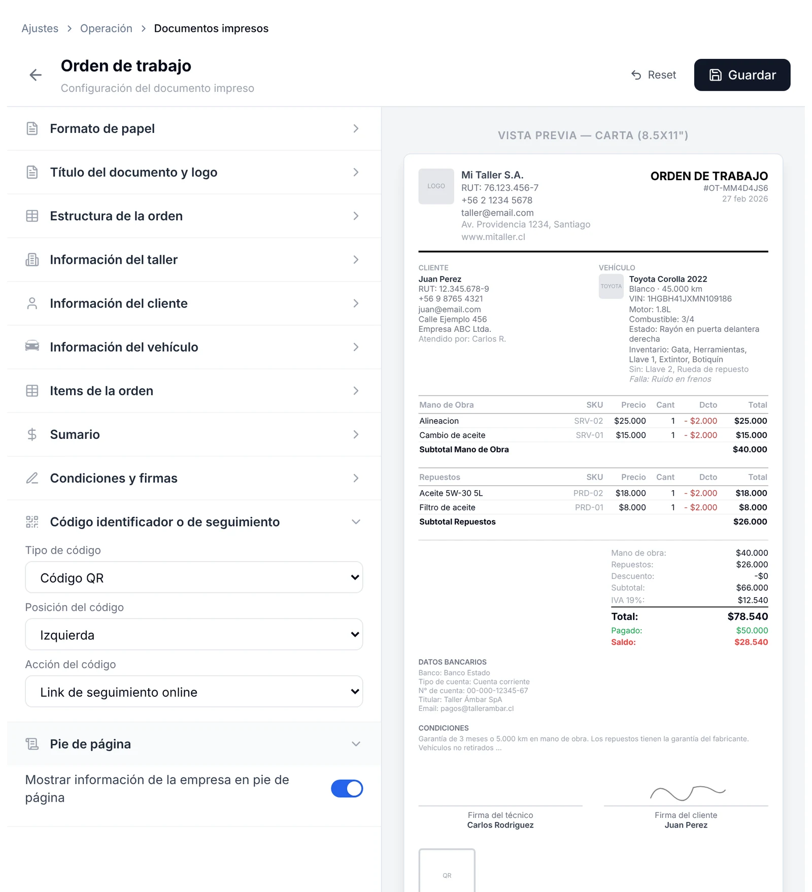 Secciones Código identificador o de seguimiento y Pie de página, con tipo de código QR, posición izquierda y acción Link de seguimiento online