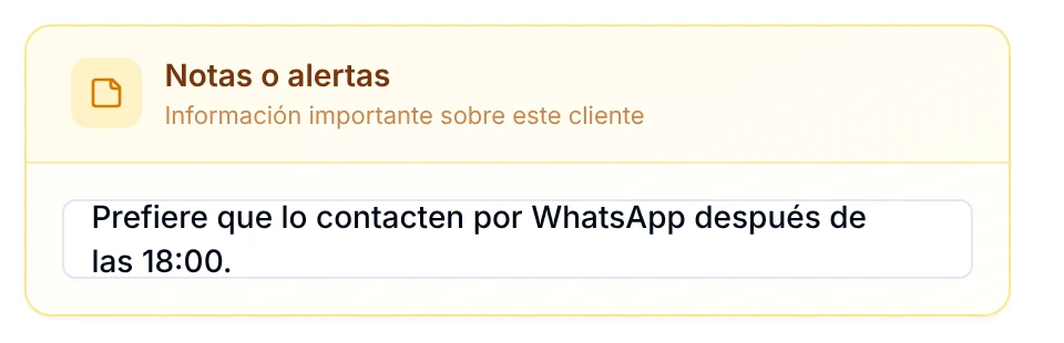 Recuadro Notas o alertas con un aviso sobre cómo contactar al cliente