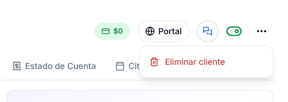 Menú de tres puntos de la ficha con la opción Eliminar cliente