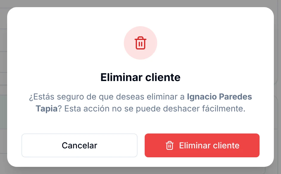Ventana de confirmación para eliminar un cliente con los botones Cancelar y Eliminar cliente