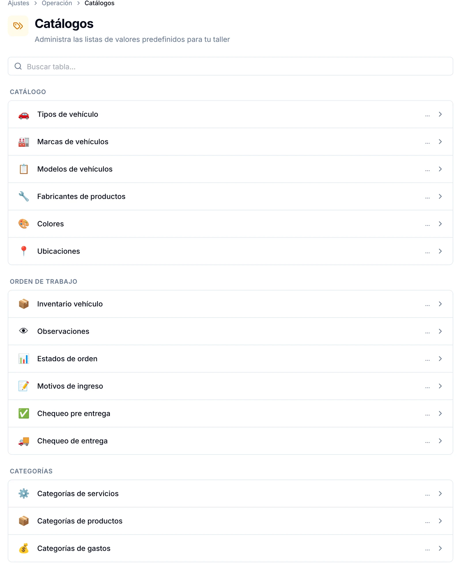 Pantalla Catálogos con las listas agrupadas en Catálogo, Orden de trabajo y Categorías