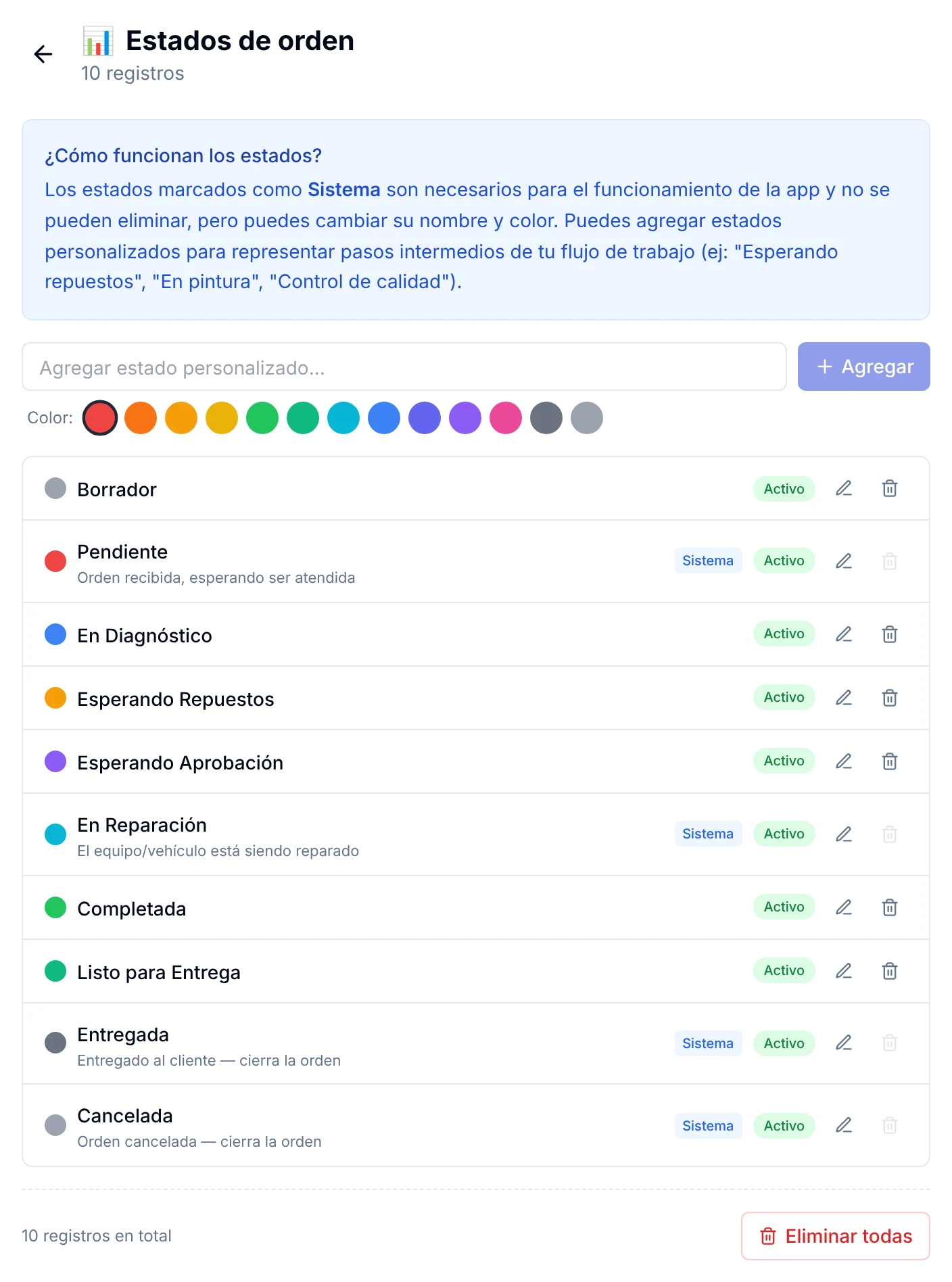 Catálogo Estados de orden con diez estados, sus colores y las etiquetas Sistema y Activo