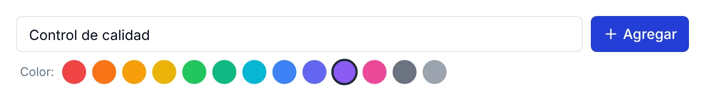 Campo para agregar un estado personalizado con el nombre Control de calidad y un color morado seleccionado