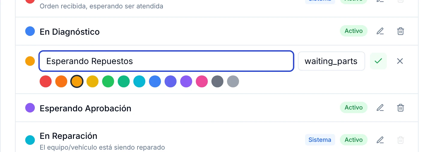Fila del estado Esperando Repuestos en modo edición, con el campo de nombre, la paleta de colores y los botones de confirmar y cancelar