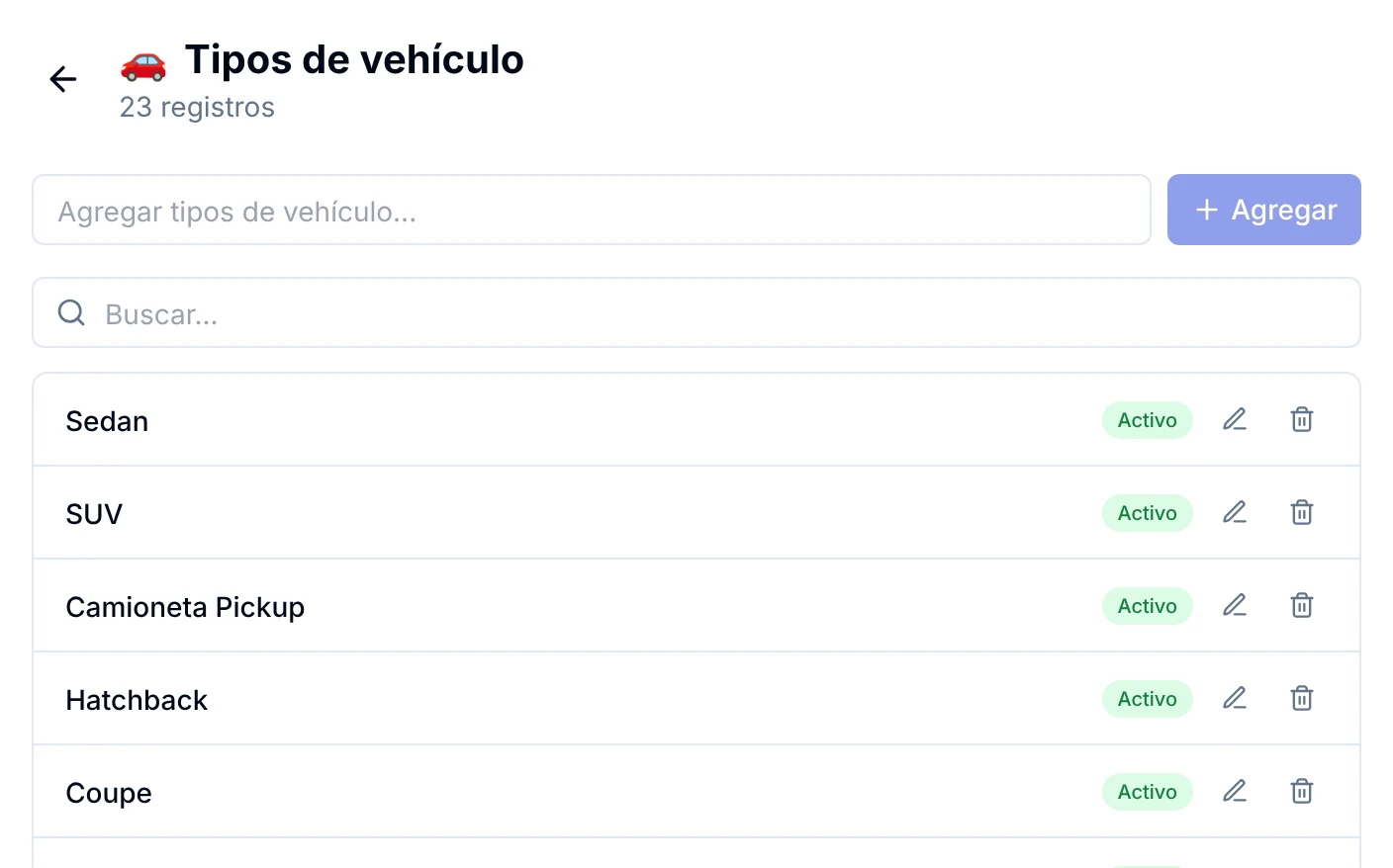 Catálogo Tipos de vehículo con el campo para agregar, el buscador y la lista de valores con lápiz y papelera