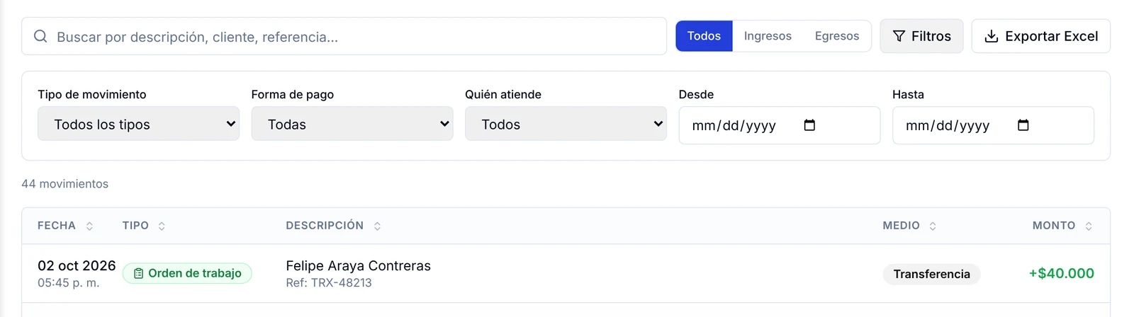 Pestaña Movimientos con los filtros y el botón Exportar Excel