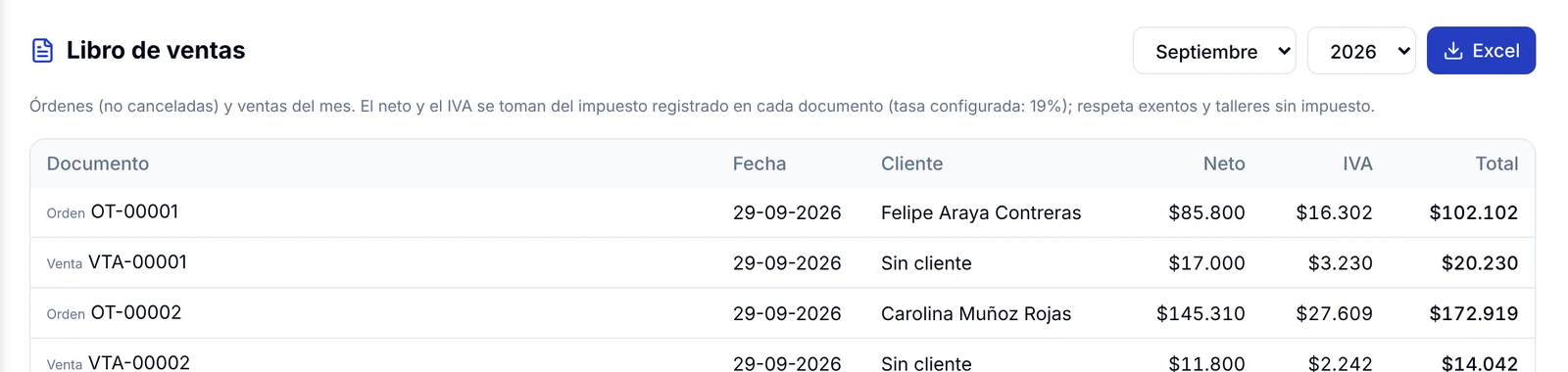 Libro de ventas con el selector de mes y año y el botón Excel