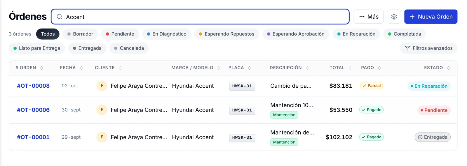 Búsqueda de la palabra Accent que deja solo las órdenes de ese modelo