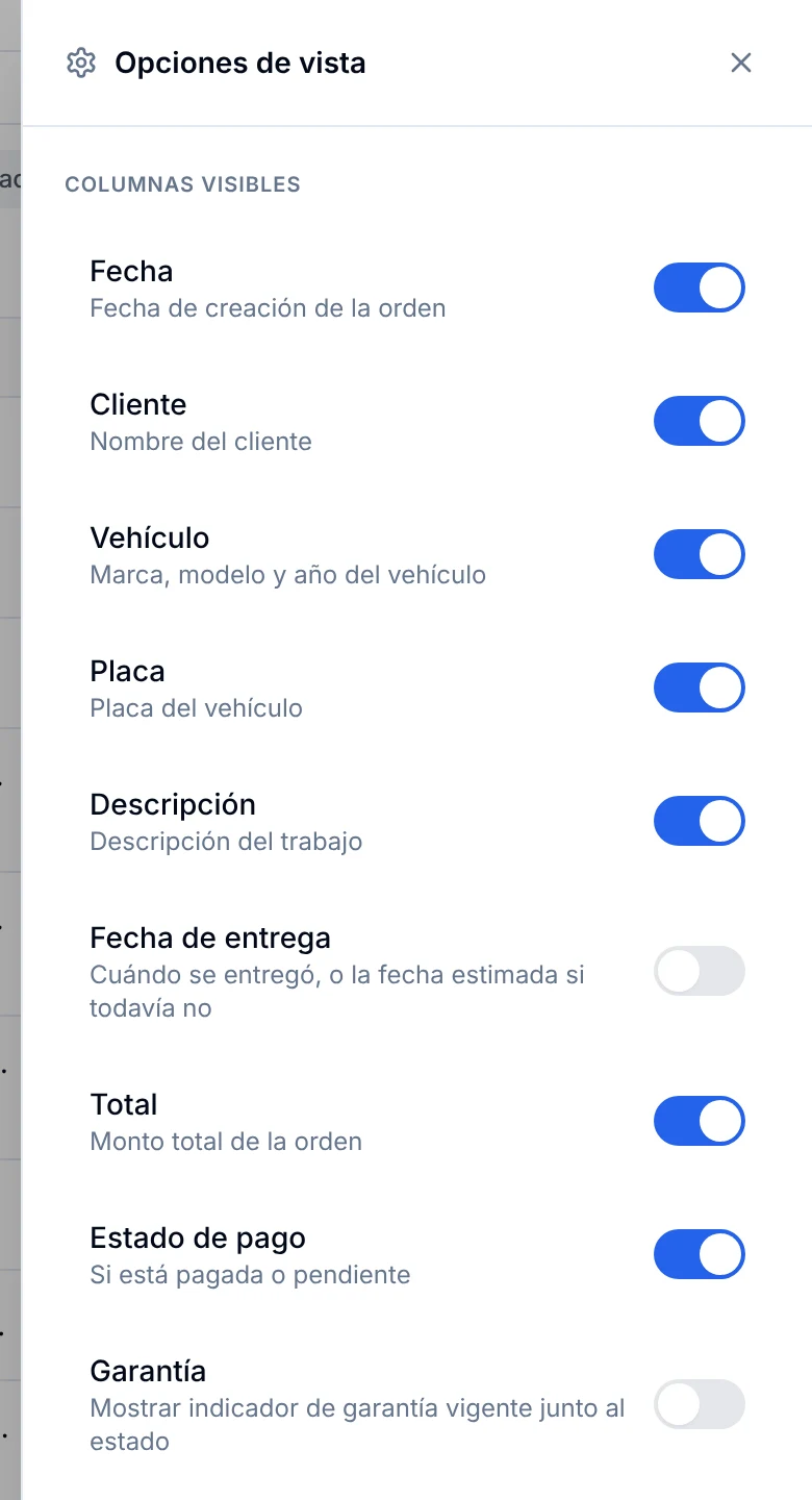 Panel Opciones de vista con los interruptores de las columnas visibles
