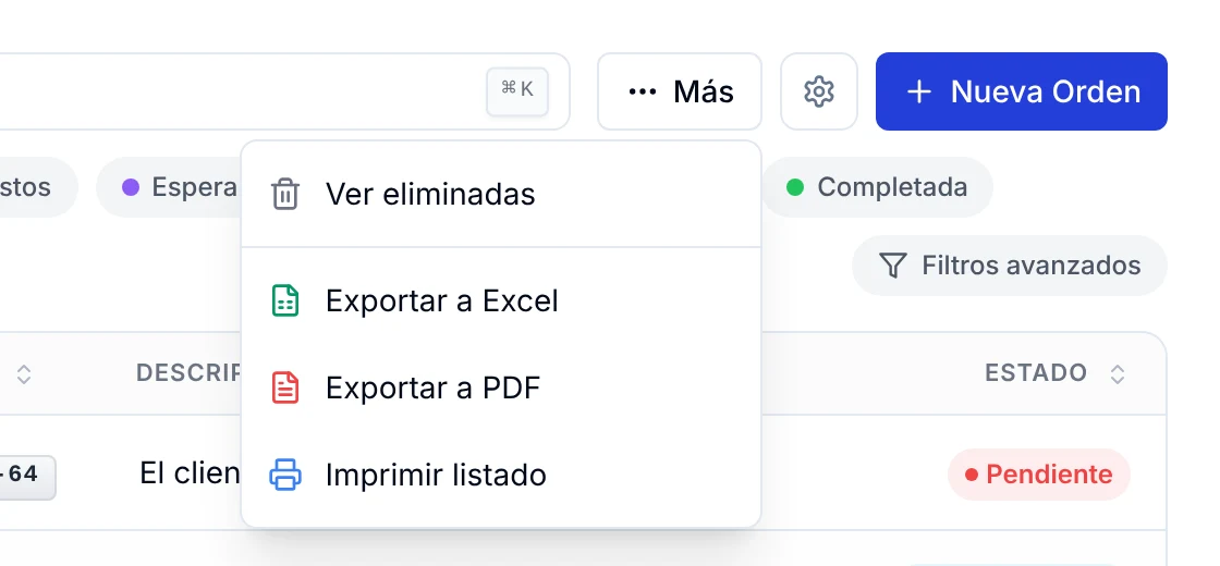 Menú Más con Ver eliminadas, Exportar a Excel, Exportar a PDF e Imprimir listado