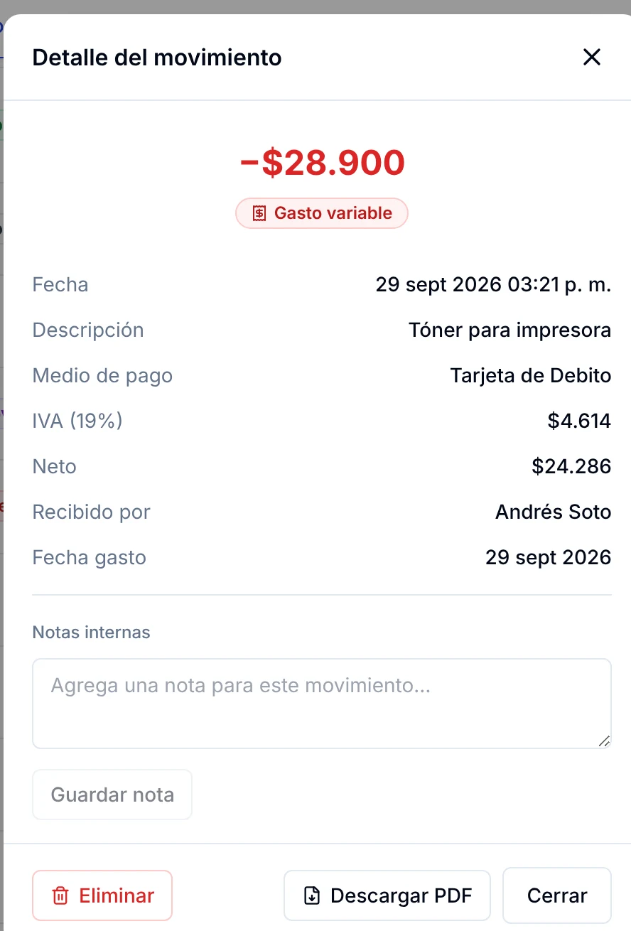 Ventana Detalle del movimiento de un gasto variable con IVA, neto, notas internas y Descargar PDF