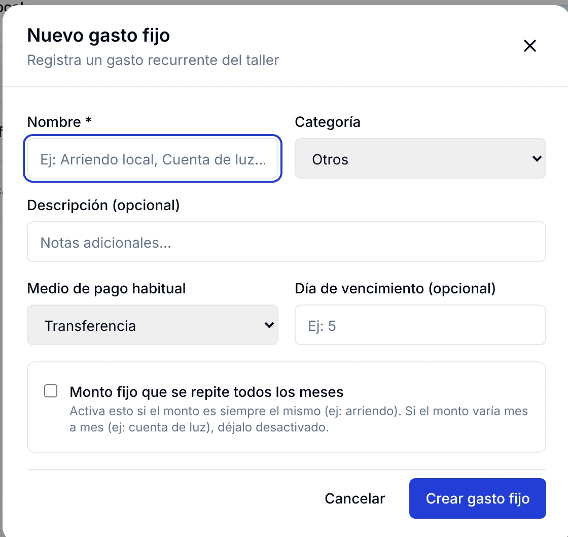 Formulario Nuevo gasto fijo con nombre, categoría, medio de pago, día de vencimiento y monto fijo