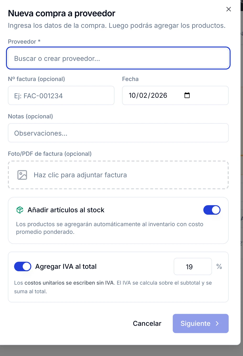 Ventana Nueva compra a proveedor con proveedor, factura, fecha y las opciones de stock e IVA